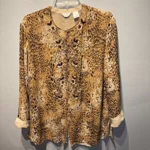 Laura Ashley Silk Blouse Animal Cheetah Button Front‎ Embroidered Trim Sheer XL